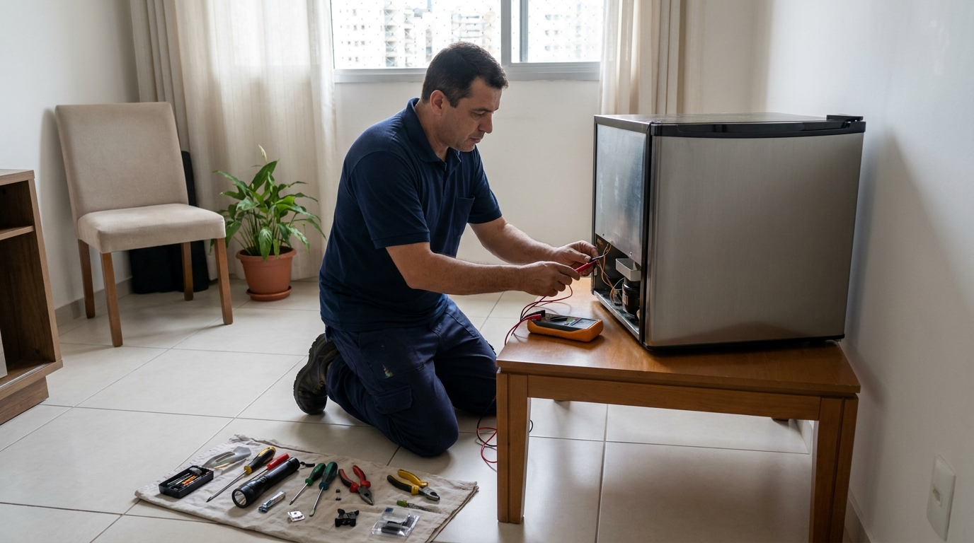 Técnico realizando manutenção de motor de frigobar em Contagem‑MG