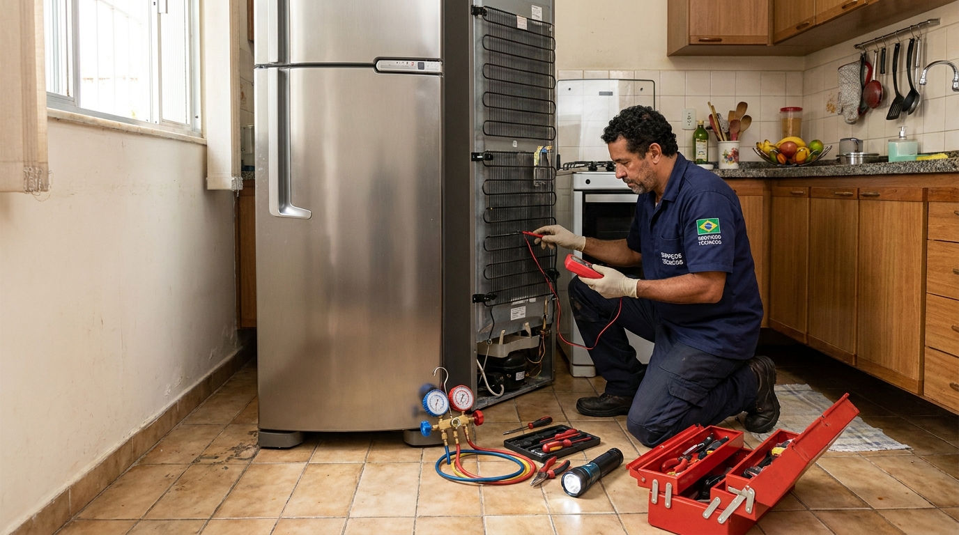 Técnico realizando manutenção de motor de geladeira em Contagem‑MG