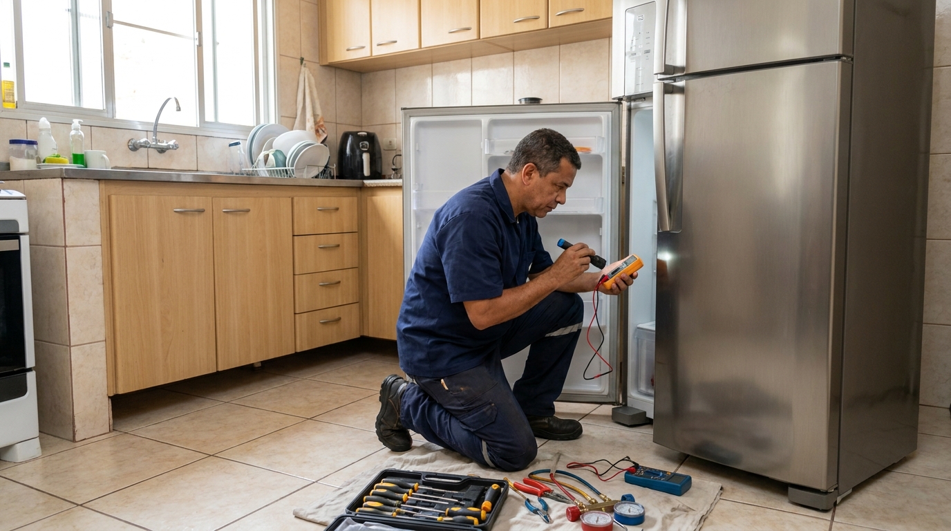 Recarga de gás refrigerante de geladeira em atendimento em Contagem‑MG